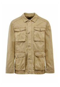 Veste beige décontractée avec quatre poches avant boutonnées, fermeture à boutons et col, en tissu robuste.