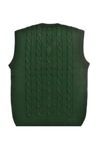 Vihreä neulottu liivi, jossa köysikuosi. Pyöreä pääntie ja hihaton malli. Resorit helman ja sivujen kohdalla, sileä pinta.