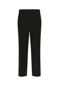 Pantaloni negri dintr-un material neted, cu un design drept, talie cu bucle pentru curea și fără buzunare vizibile sau modele.