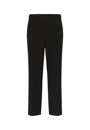 Pantaloni negri dintr-un material neted, cu un design drept, talie cu bucle pentru curea și fără buzunare vizibile sau modele.