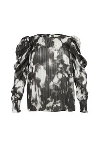 Czarna i biała bluzka z plisowaną teksturą, bufkami i marszczonymi mankietami. Posiada abstrakcyjny wzór oraz prosty dół.