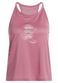 Różowy sportowy top bez rękawów o oddychającej siateczkowej fakturze, z białymi grafikami "RECYCLER" i szczupłymi ramiączkami dla swobodnego dopasowania.