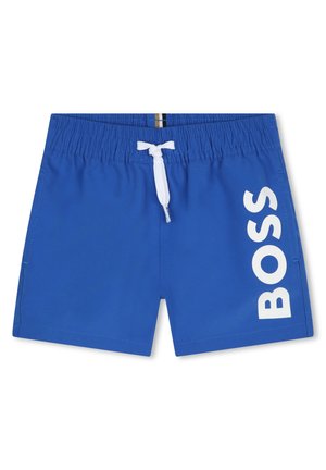 Pantaloni da nuoto blu con logo "BOSS" bianco. Presentano una vita elasticizzata con coulisse bianca, tasche laterali e una texture di tessuto liscia.