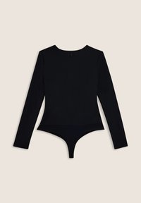 Body nero a maniche lunghe con scollo rotondo, texture liscia e taglio a perizoma sul fondo. Presenta un piccolo logo sul retro.