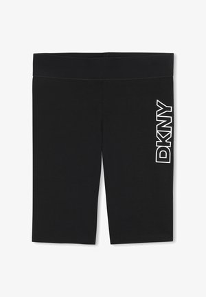 Czarne sportowe krótkie spodenki sięgające do kolan z szerokim pasem i białym logo "DKNY" nadrukowanym pionowo na lewej nodze.