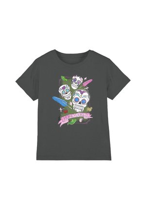 Dark gray T-shirt with three colorful sugar skulls, blue and pink feathers, small insects, and pink banner reading "Honeydukes."