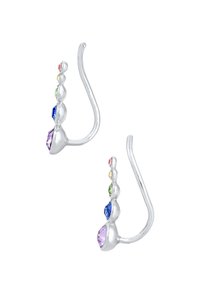 Pendientes de plata con un diseño de gancho curvado, que presentan piedras preciosas multicolores en varias formas, con un acabado pulido.