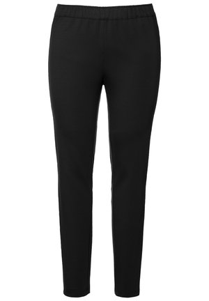 Schwarze, dehnbare Hose mit einem elastischen Taillenbund. Glatte Textur und eng anliegende Form an den Knöcheln, geeignet für legere Anlässe.
