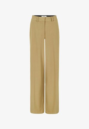 Įvairių plačių kojų smėlio spalvos kelnės, pagamintos iš lygaus audinio, su klasikine juosmens juosta ir subtiliomis priekinėmis lygumo detalėmis.