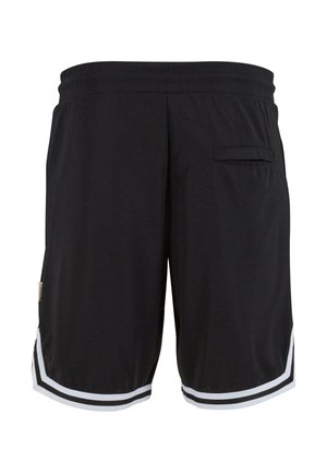 Schwarze sportliche Shorts aus leichtem Stoff, mit einem weißen Akzentstreifen entlang dem Saum und einer kleinen Gesäßtasche.