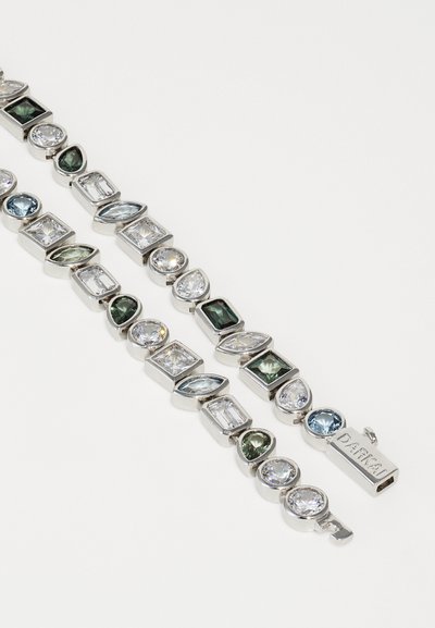 Bracelet featuring silver metal with various shaped, multi-colored gemstones; includes clear, green, blue, and dark accents; secured with a clasp.