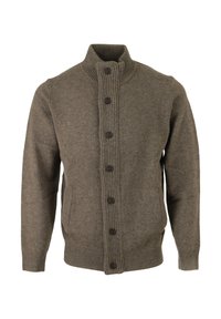 Bruine wollen cardigan met een hoge kraag, geribbelde knopenbies en zes donkere knopen. Voorzien van zijzakken en geribbelde manchetten.