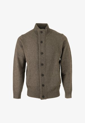 Brauner Wollcardigan mit hohem Kragen, geripptem Knopfleisten und sechs dunklen Knöpfen. Mit Seitentaschen und gerippten Bündchen.