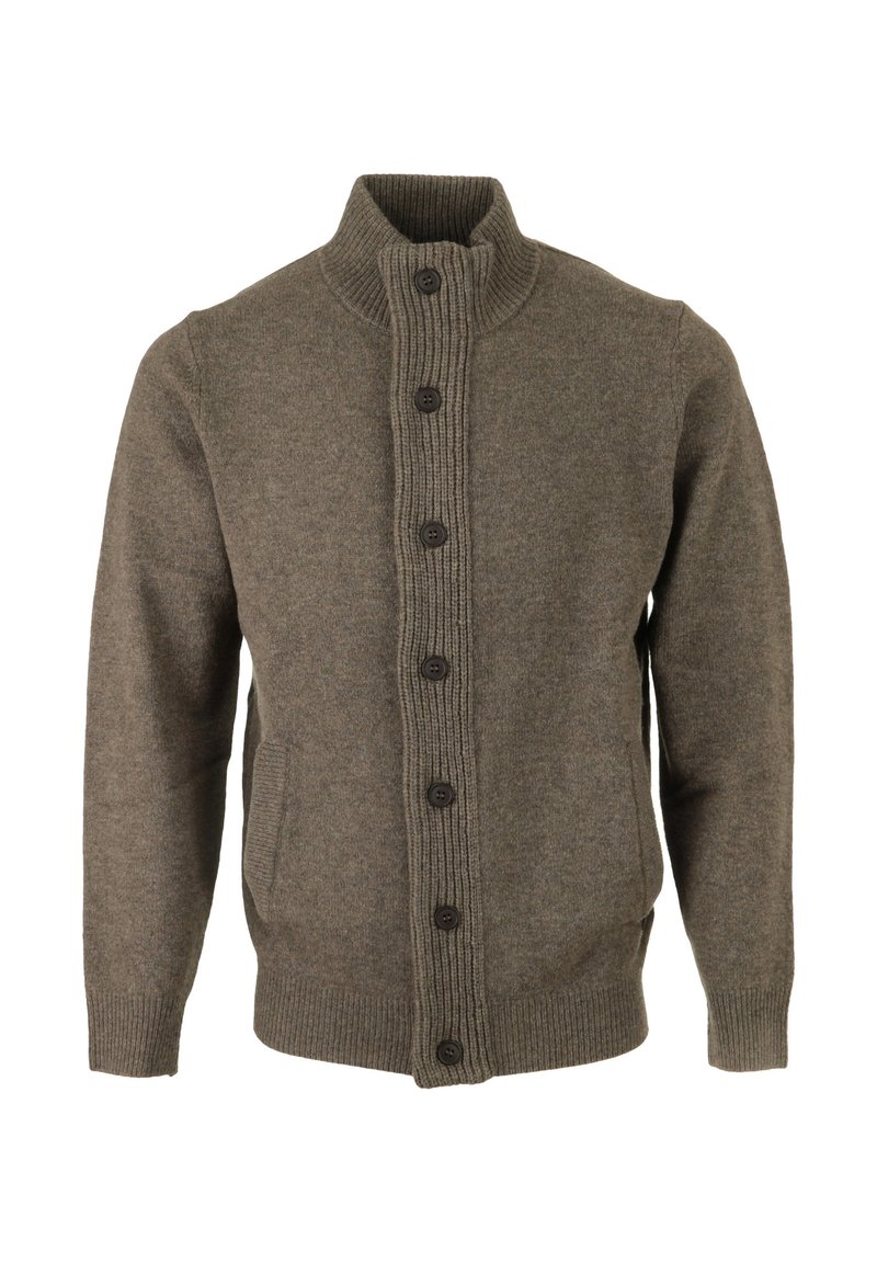 Bruine wollen cardigan met een hoge kraag, geribbelde knopenbies en zes donkere knopen. Voorzien van zijzakken en geribbelde manchetten.