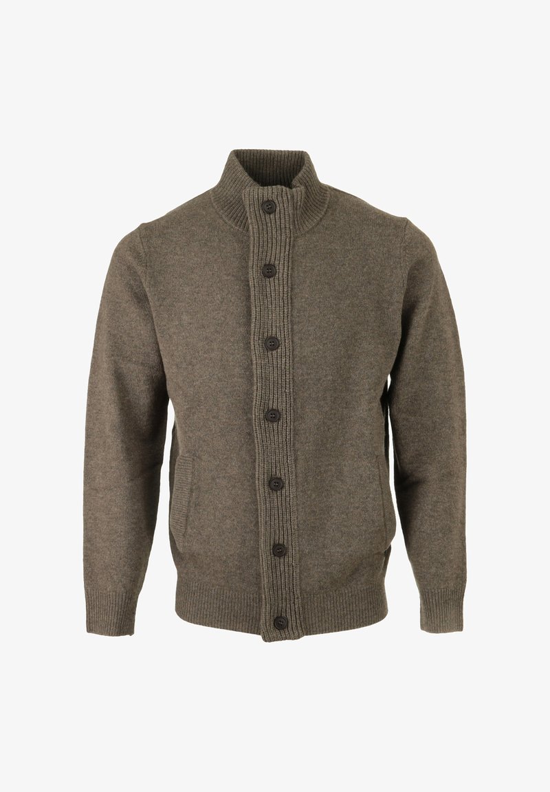 Bruine wollen cardigan met een hoge kraag, geribbelde knopenbies en zes donkere knopen. Voorzien van zijzakken en geribbelde manchetten.