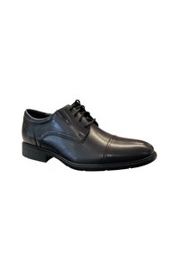 Zapato de vestir de cuero negro con punta redonda, cierre con cordones, acabado liso y sutiles detalles de costura. Suela de goma para tracción.