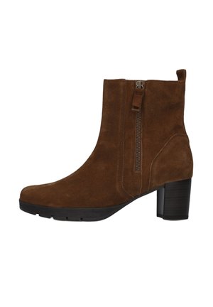 Brown suede ankle boot with side zipper, round toe, and stacked block heel.