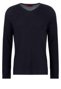 Suéter de manga larga azul marino con diseño de cuello en V. Fabricado en un tejido suave y texturizado. Presenta un cuello y puños acanalados para un detalle adicional.