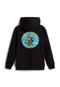 Felpa nera con cappuccio caratterizzata da una grafica rotonda e colorata sul retro con il testo "HASTA LA SHAKA" e un'illustrazione di un personaggio. Tessuto pesante.