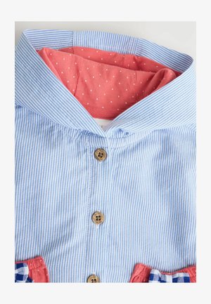 Sinise ja valge triibulise särgi krae punase täpilise sisemise voodriga. Omaduseks pruunid nupud ja ruudulised detailid taskutel.