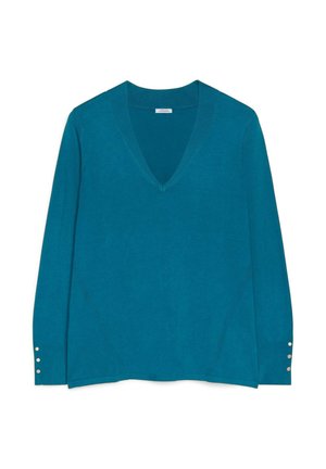 Tiefblaues Langarm-V-Ausschnitt-Pullover mit geribbeltem Kragen und drei kleinen Knöpfen an jedem Ärmel, flach auf einem weißen Hintergrund ausgelegt.