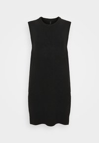 Svart ärmlös stickad klänning med ribbad textur, rund halsringning och avslappnad passform, med en rak nederkant.