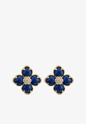 Boucles d'oreilles en or avec des pétales en émail bleu et un cœur constitué de strass transparents. La forme ressemble à une fleur à quatre pétales.