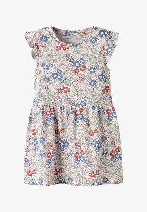 Floral dress with short ruffled sleeves, featuring pink, red, and blue flowers on a light background, gathered waist, and flared skirt.