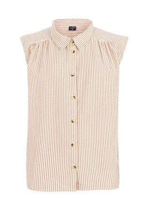 Mouwloze beige-wit verticaal gestreepte blouse met knoopsluiting aan de voorkant en een puntige kraag.