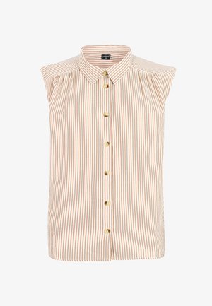 Mouwloze beige-wit verticaal gestreepte blouse met knoopsluiting aan de voorkant en een puntige kraag.