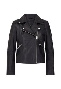 Giacca da moto in pelle nera con accessori in argento, zip asimmetrica, ampie revers e tasche laterali con zip. Texture liscia.