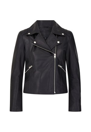Veste de moto en cuir noir avec quincaillerie argentée, fermeture éclair asymétrique, larges revers et poches latérales zippées. Texture lisse.