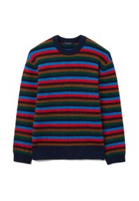 Knitted wool sweater featuring horizontal stripes in red, green, blue, and brown, with a ribbed navy crew neckline and cuffs.