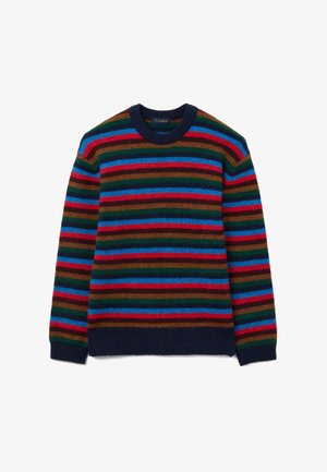 Suéter de lana tejido con rayas horizontales en rojo, verde, azul y marrón, con cuello redondo y puños acanalados en azul marino.
