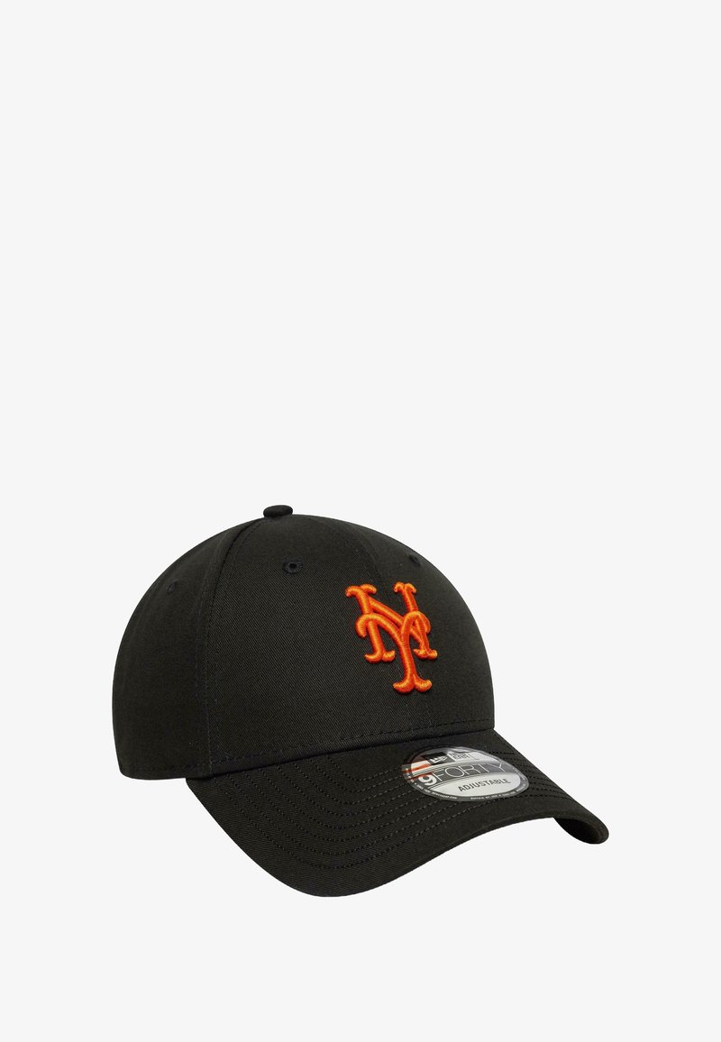 Black baseball cap with a curved brim, featuring an orange embroidered "NY" logo on the front. Made of fabric with stitching detail.