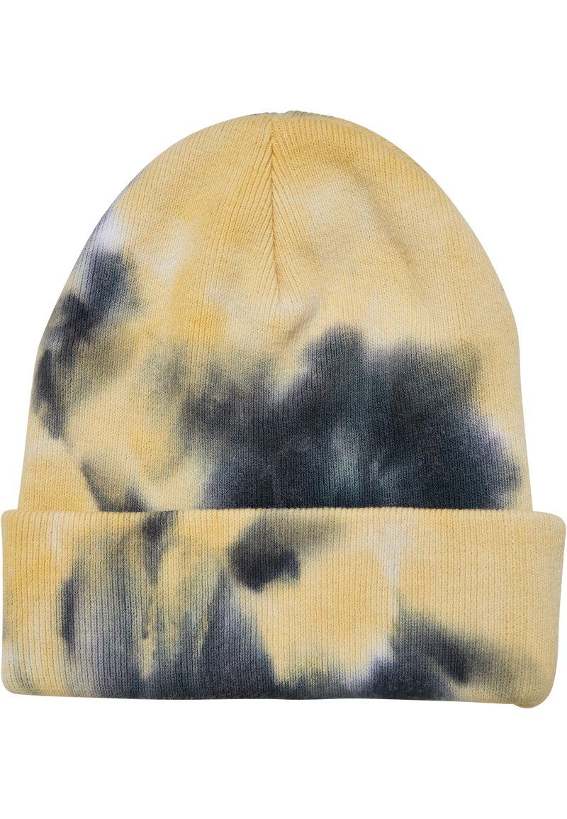 Gorro de punto en color amarillo y gris con efecto tie-dye y doblez en el puño. Textura suave y parte superior redondeada; presenta una mezcla de patrones claros y oscuros.