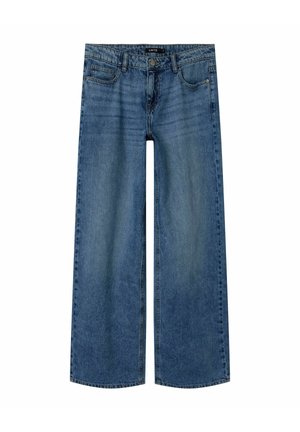 Jean en denim bleu à jambes larges avec cinq poches, fermeture par bouton et passants pour ceinture, présentant une décoloration subtile sur les cuisses et les genoux.