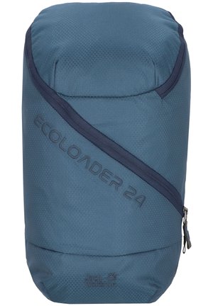 Blue backpack with a textured surface, zip closure, angled design feature, and the text "ECOLOADER 24" embossed on the front.