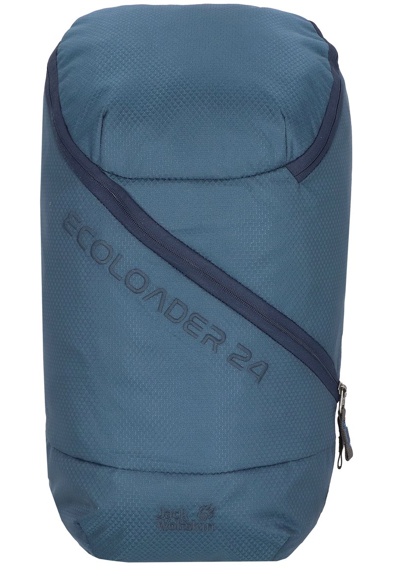 Zaino blu con una superficie texturizzata, chiusura con zip, design angolato e il testo "ECOLOADER 24" impresso sulla parte anteriore.