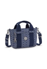 Borsa in tessuto blu navy con motivi geometrici, doppi manici superiori, tracolla staccabile e un accento con charm in metallo.