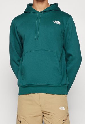 Mann trägt einen türkisfarbenen The North Face Hoodie mit Fronttasche und beige Cargo-Hosen, Logos sichtbar auf Brust und Oberschenkel.