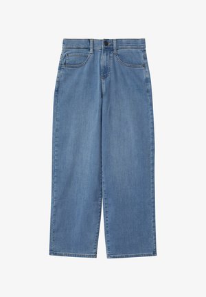 Modré rifľové nohavice s vysokým pásom a širokými nohavicami, päť vreciek, zapínanie na gombík a jemné švy. Hladká textúra.