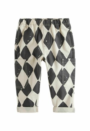 Pantalones ligeros para niños con cintura elástica, base beige, patrón de diamantes irregulares en negro, bolsillos laterales tipo parche y puños remangados.
