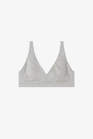 Bra wireless grigio realizzato in un tessuto morbido e elasticizzato, con coppe triangolari e spalline larghe. Design minimalista senza hardware o decorazioni visibili.