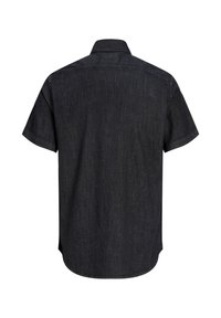 Camicia in denim nera a maniche corte vista da dietro con colletto classico e cuciture visibili.