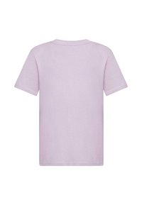 Trumpas rankovėmis t-shirt šviesiai lavandinės spalvos, pagamintas iš minkštos medvilnės, su apvalia iškirpte ir užbaigtais kraštais. Be raštų ar grafikų.