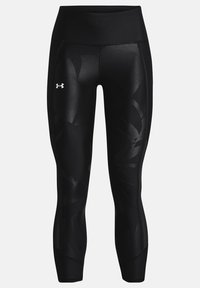 Czarne legginsy sportowe o gładkiej fakturze, z wysokim stanem, subtelnym wzorem i małym logo po lewej stronie.