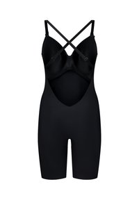 Monokini negro moldeador con sujetador incorporado y tirantes cruzados ajustables, que llegan hasta la mitad de los muslos.