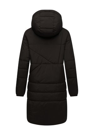 Mustan värvi puffjakki kapuutsiga, millel on pikk siluett, tikitud tekstuur ning horisontaal- ja diagonaalsed õmblusmustrid seljal.
