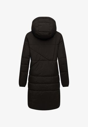 Schwarze Daunenjacke mit Kapuze, robuster Schnitt, gesteppte Struktur und horizontalen sowie diagonalen Nähmustern auf dem Rücken.